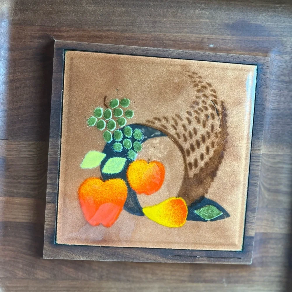 Vintage MCM Wood Serving Tray w Metal Inlay Cornucopia Harvest 12x12 Boho Decor